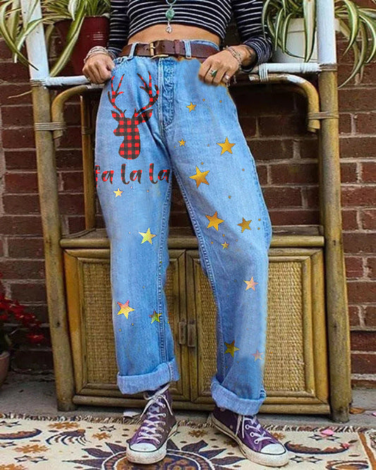 Deer Printed Denim Wide Leg Pants Denim Pants