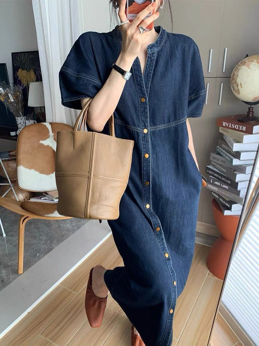 Denim Button Front Pocket Midi Dress
