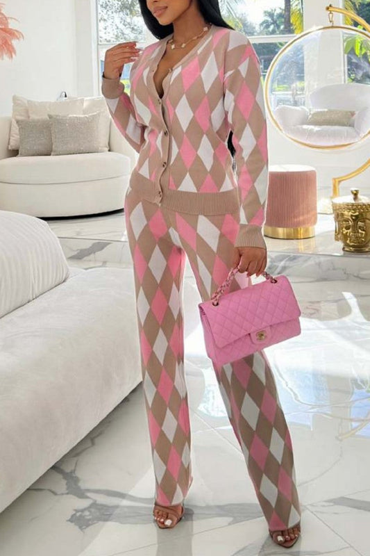 Diamond Check Print Patchwork Cardigan Pants Two Pieces Set