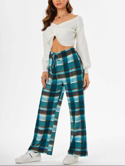 Drawstring Green Plaid Print Wide Leg Trousers