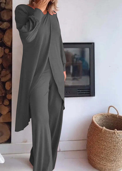 Elegant Irregular Hem Blouse Wide Leg Trousers Set