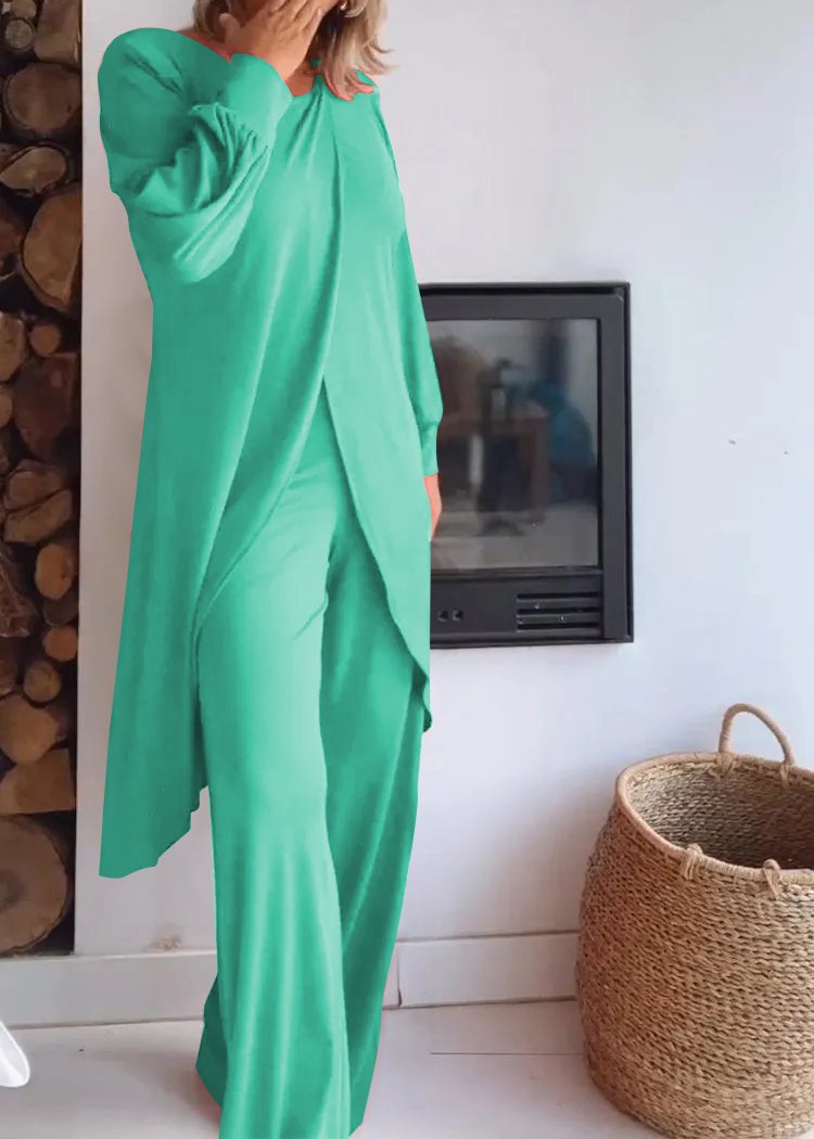 Elegant Irregular Hem Blouse Wide Leg Trousers Set