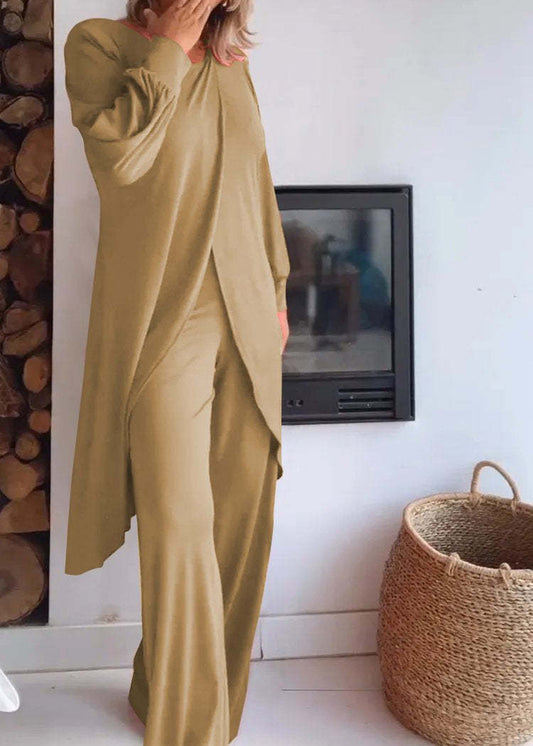 Elegant Irregular Hem Blouse Wide Leg Trousers Set