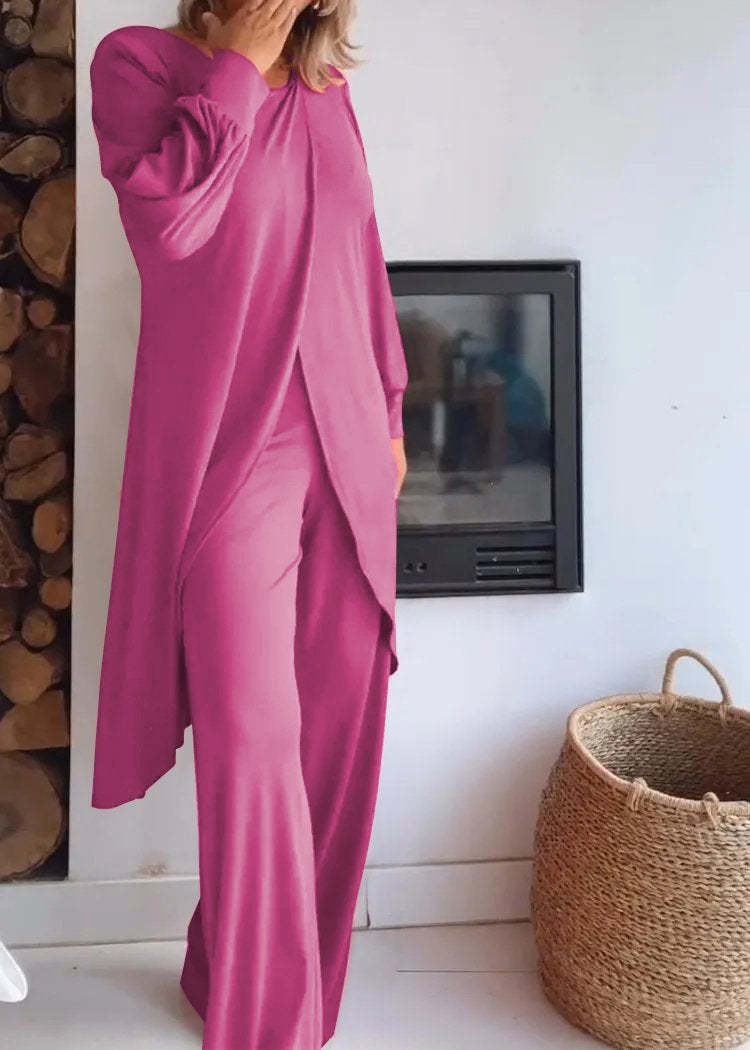 Elegant Irregular Hem Blouse Wide Leg Trousers Set