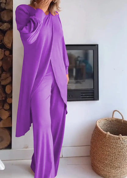 Elegant Irregular Hem Blouse Wide Leg Trousers Set