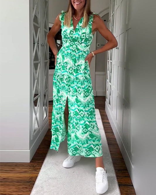 Floral Print Sleeveless Slit Midi Dress