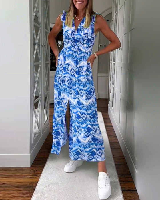 Floral Print Sleeveless Slit Midi Dress