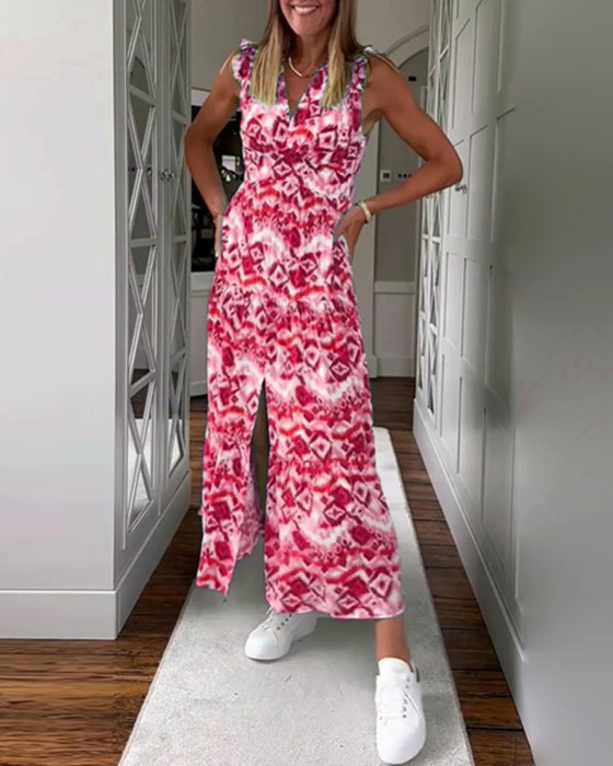 Floral Print Sleeveless Slit Midi Dress