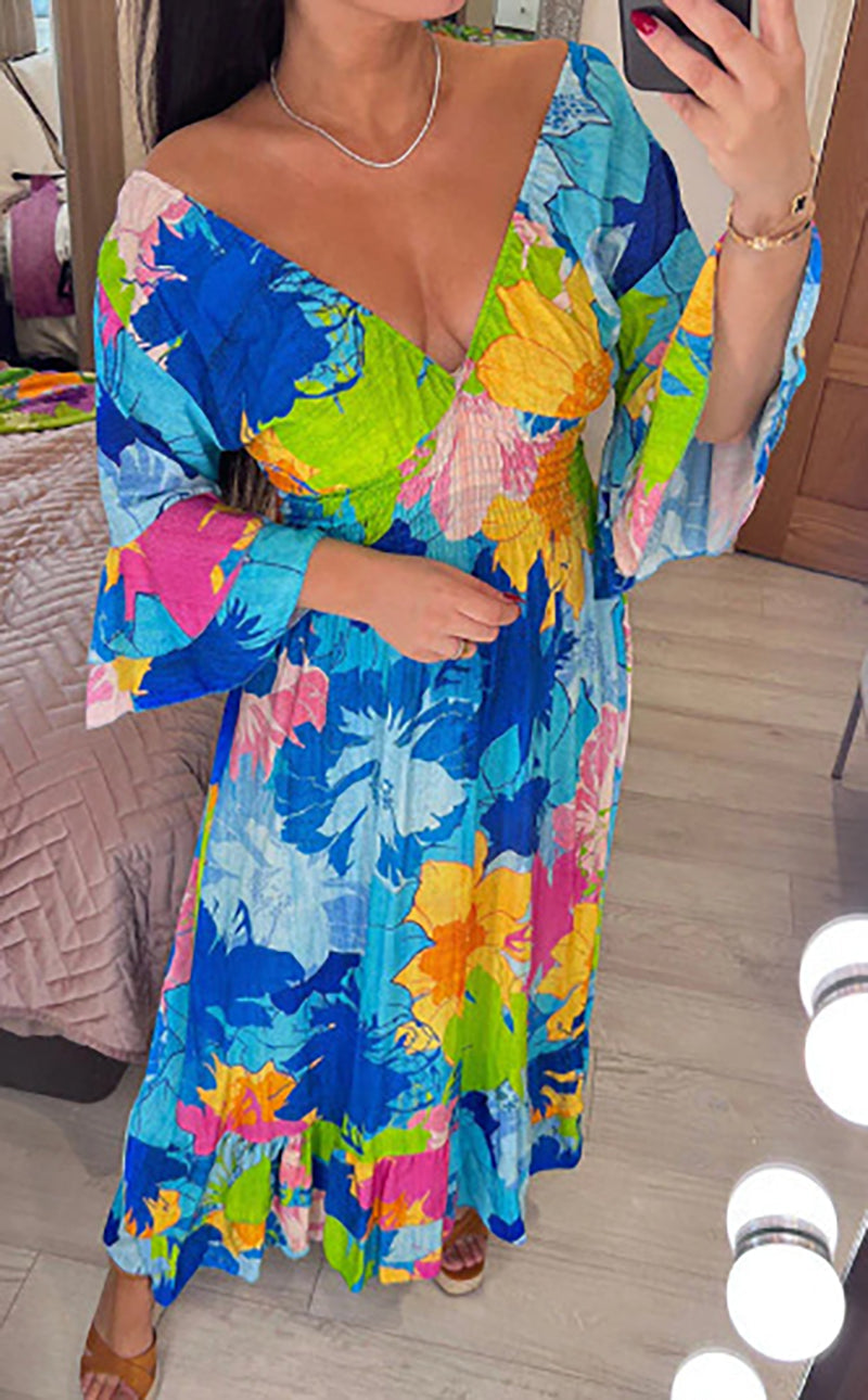 Floral Print V Neck Colorful Midi Dress