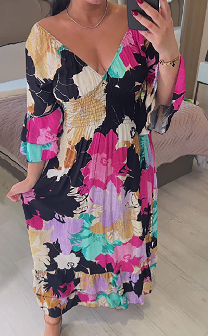 Floral Print V Neck Colorful Midi Dress