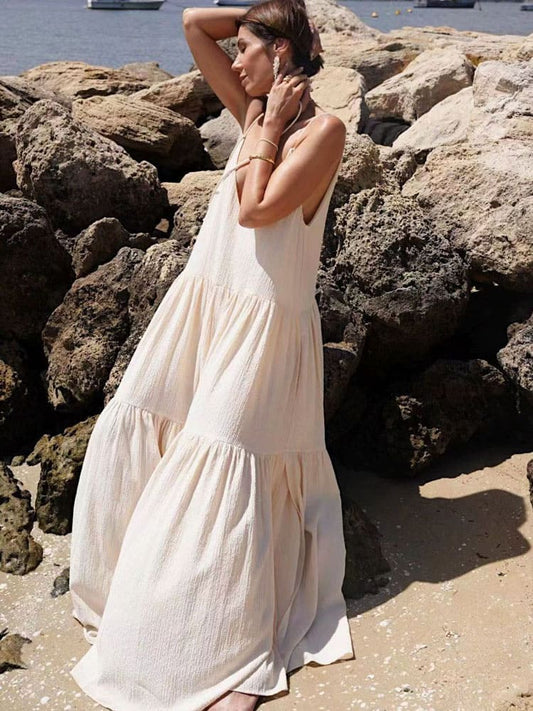Flowing Solid Color Pleated Irregular Maxi Dress