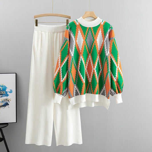 Geometric Contrast Knit Wide Leg Pants Two-Piece Set