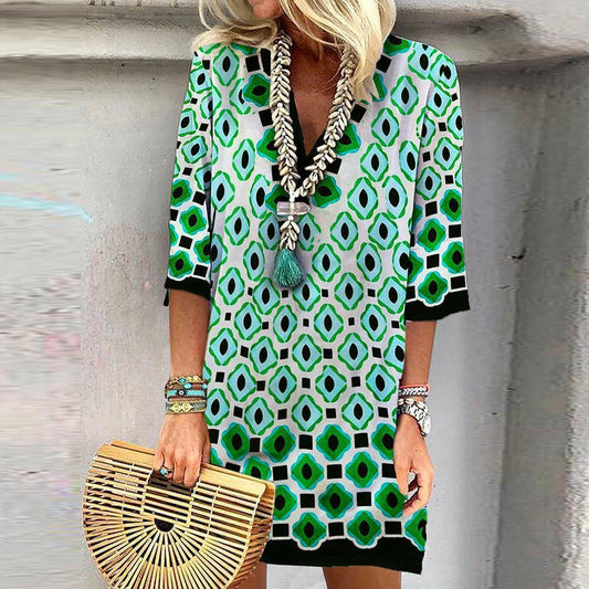 Green Rhombus V Neck Midi Dress