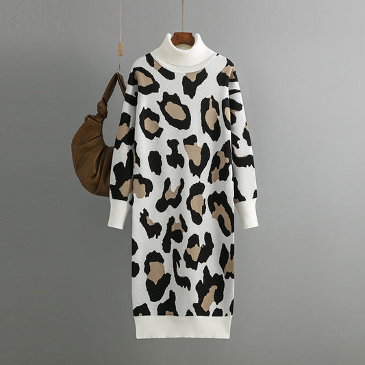 High Collar Knitted Leopard Print Midi Dress