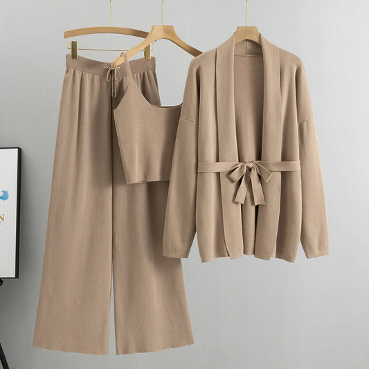 Knitted Cardigan Jacket Strap Wide Leg Pants Three Piece Set