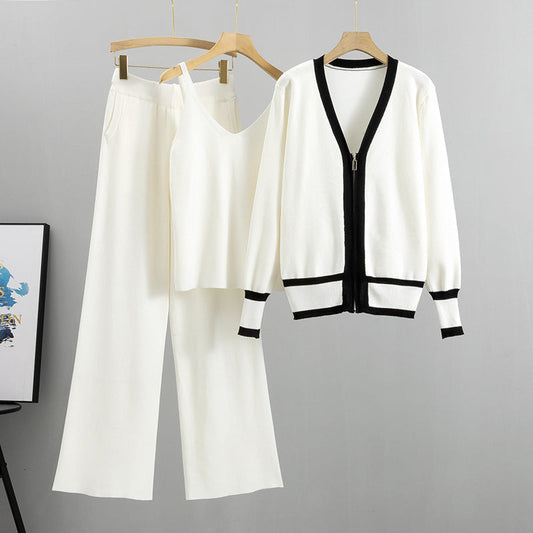 Knitted Cardigan Suspender Wide Leg Pants Three Piece Set