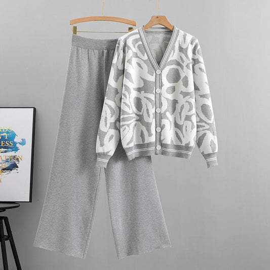 Leopard Knit Cardigan Sweater Loose Wide Leg Pants Two-Piece Set