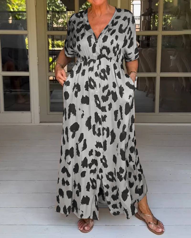 Leopard Printed Pockets Midi Dress