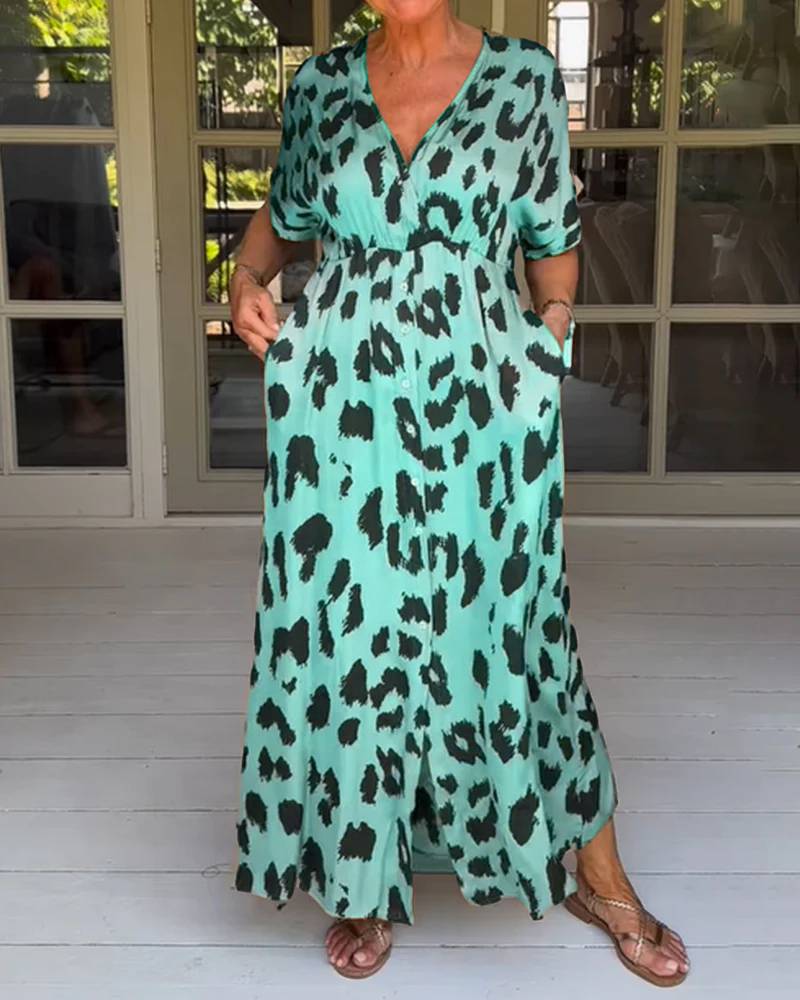 Leopard Printed Pockets Midi Dress
