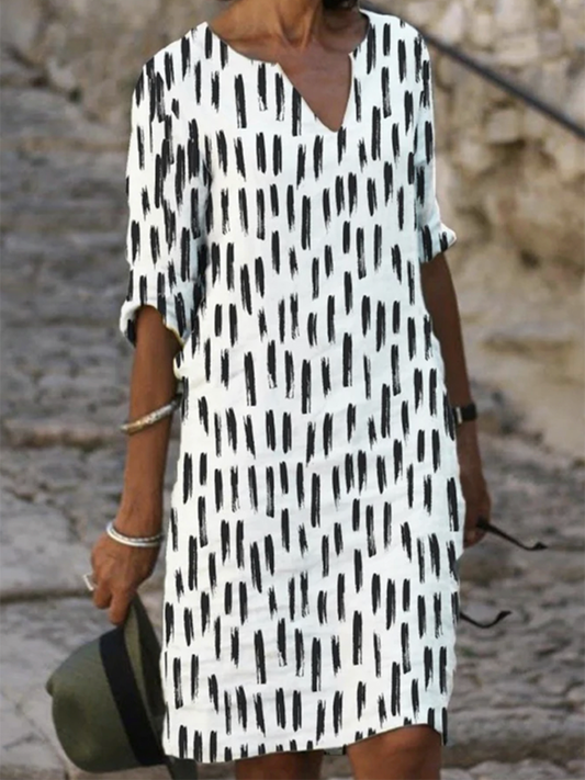 Lines and Floral Print Elegant Midi Dress