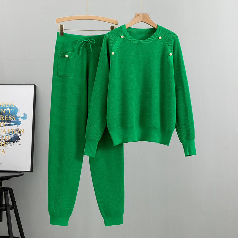 Pin Bead Knitted Sweater Pants Two-Piece Set