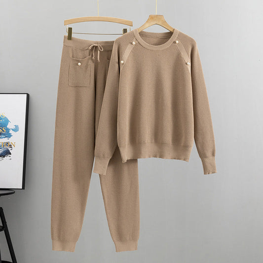 Pin Bead Knitted Sweater Pants Two-Piece Set