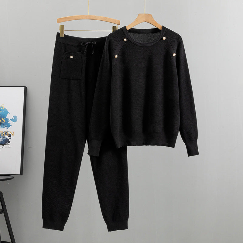 Pin Bead Knitted Sweater Pants Two-Piece Set