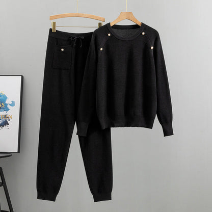 Pin Bead Knitted Sweater Pants Two-Piece Set