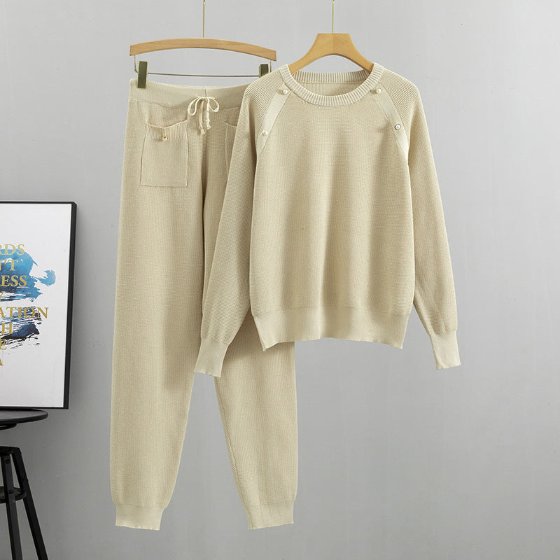 Pin Bead Knitted Sweater Pants Two-Piece Set