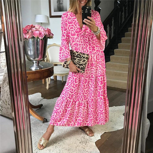 Pink Leopard Print Elegant Midi Dress