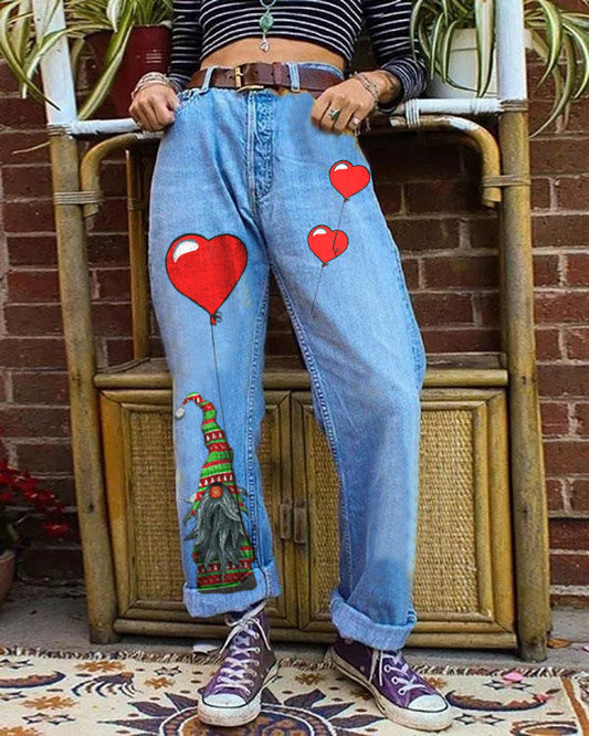 Printed Denim Wide Leg Pants Denim Pants