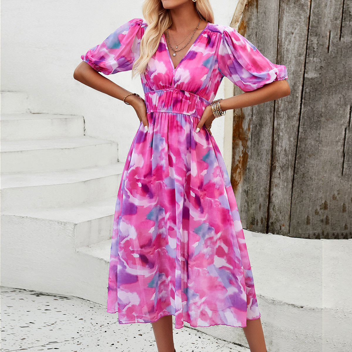 Printed Lantern Sleeve V-Neck Maxi Dress