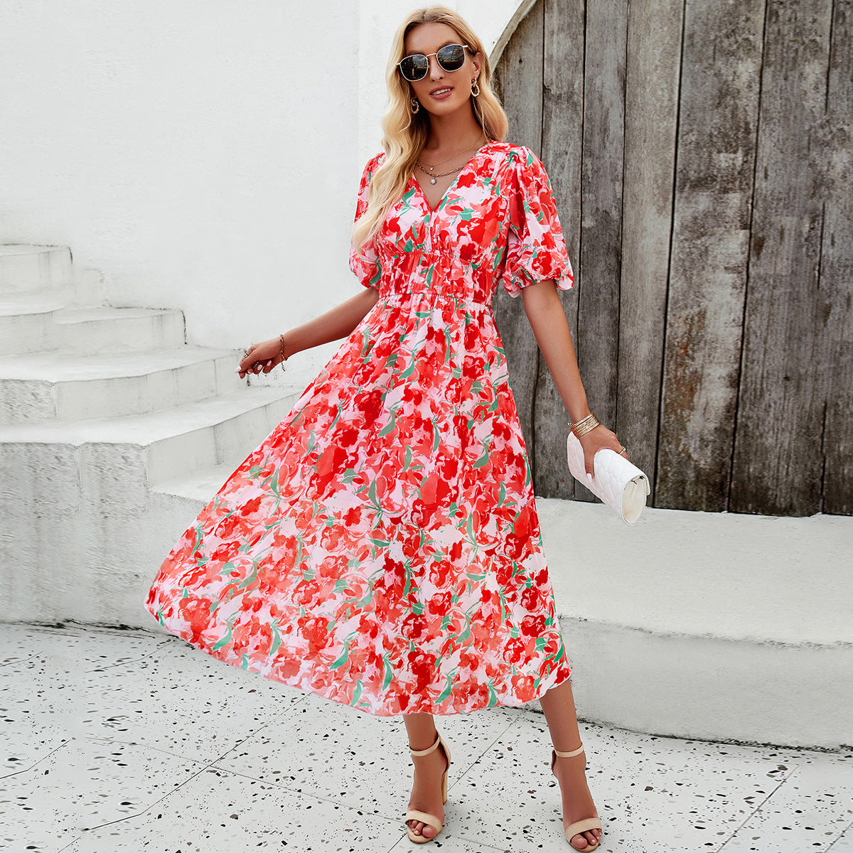 Printed Lantern Sleeve V-Neck Maxi Dress