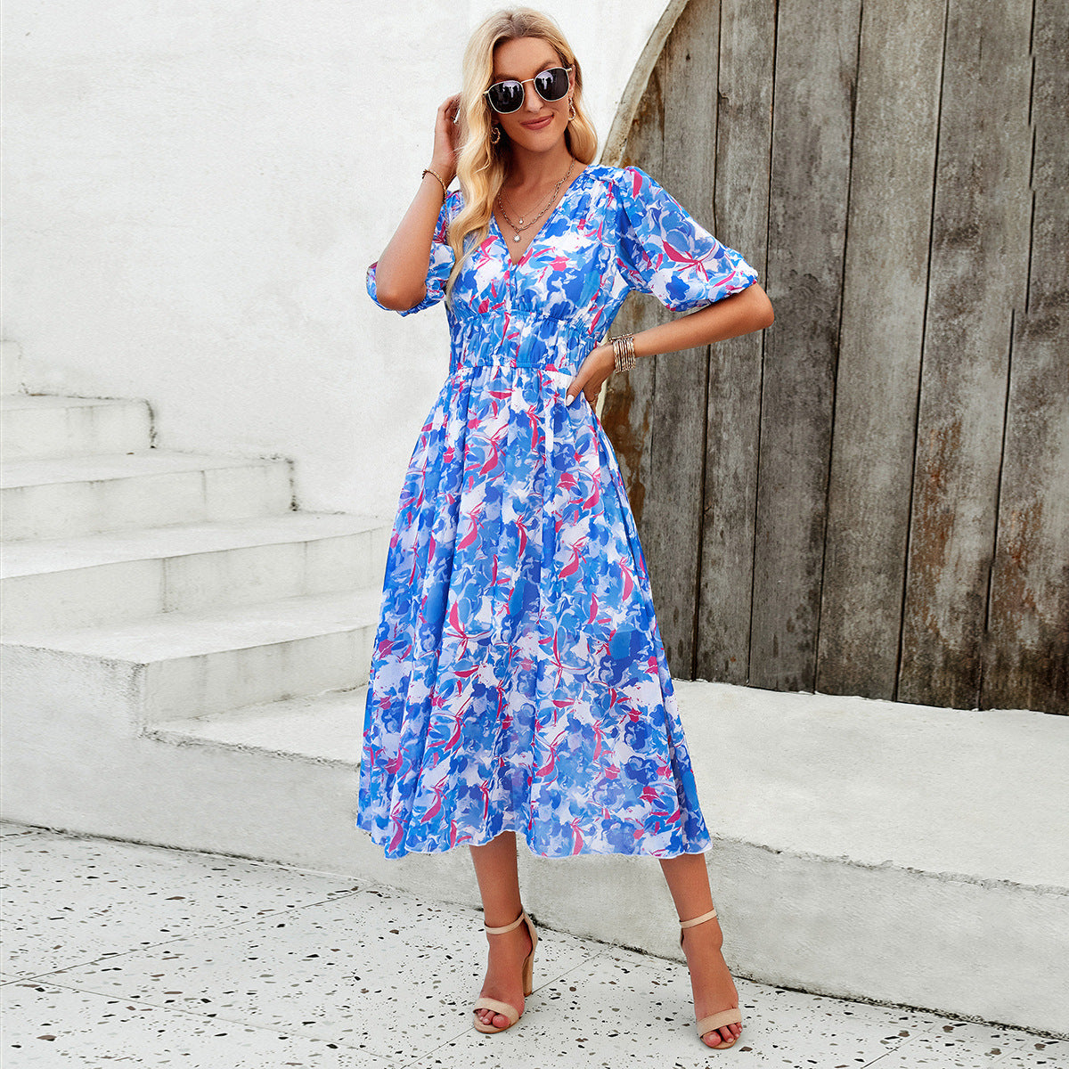 Printed Lantern Sleeve V-Neck Maxi Dress