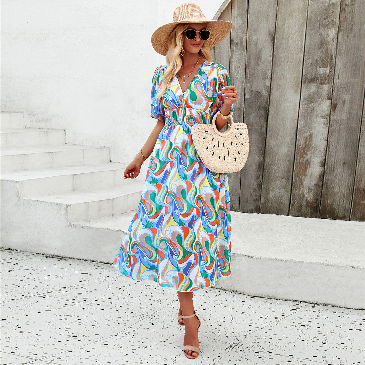 Printed Lantern Sleeve V-Neck Maxi Dress