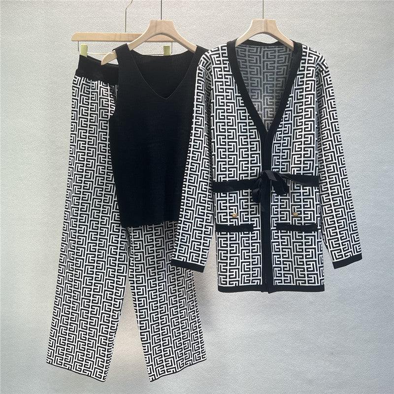 Printed Shawl Knit Coat V-Neck Vest Wide Leg Pants Three Piece Set