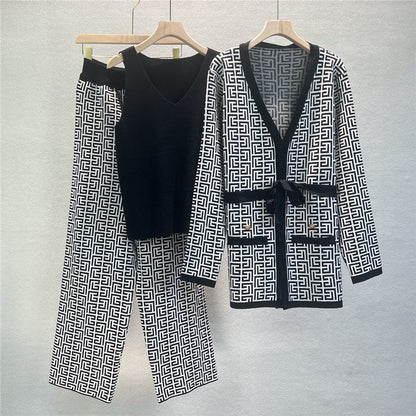 Printed Shawl Knit Coat V-Neck Vest Wide Leg Pants Three Piece Set