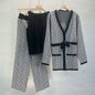 Printed Shawl Knit Coat V-Neck Vest Wide Leg Pants Three Piece Set