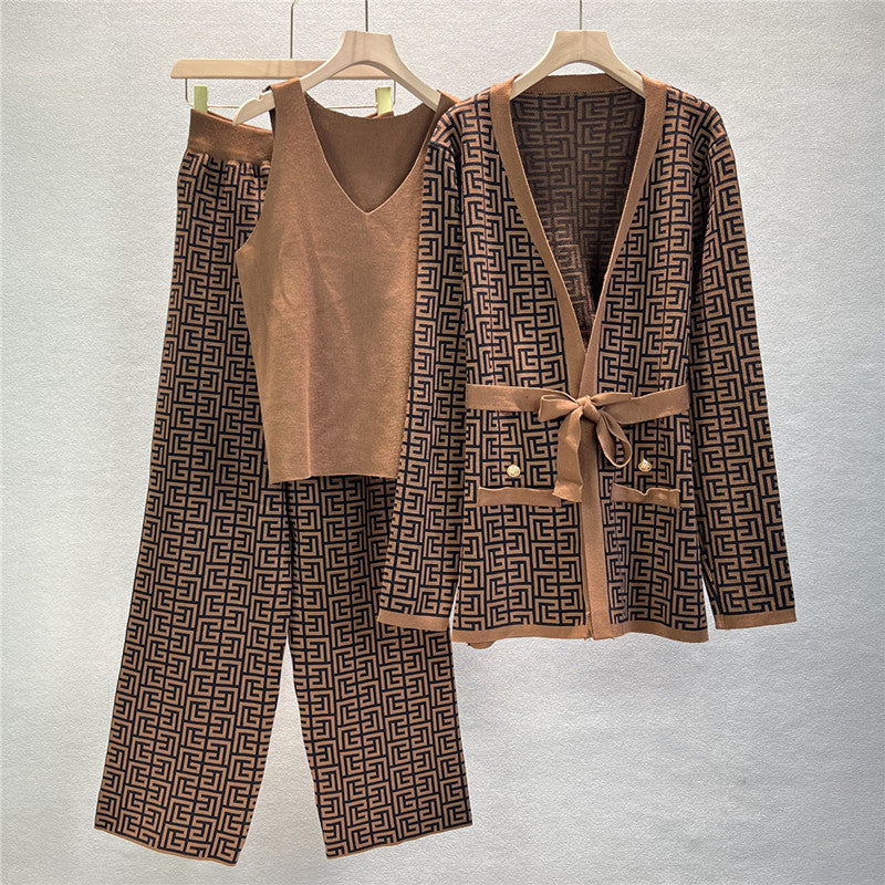 Printed Shawl Knit Coat V-Neck Vest Wide Leg Pants Three Piece Set