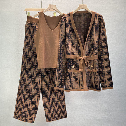 Printed Shawl Knit Coat V-Neck Vest Wide Leg Pants Three Piece Set