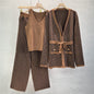 Printed Shawl Knit Coat V-Neck Vest Wide Leg Pants Three Piece Set