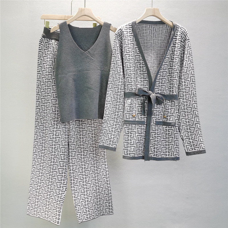 Printed Shawl Knit Coat V-Neck Vest Wide Leg Pants Three Piece Set