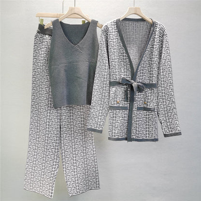 Printed Shawl Knit Coat V-Neck Vest Wide Leg Pants Three Piece Set