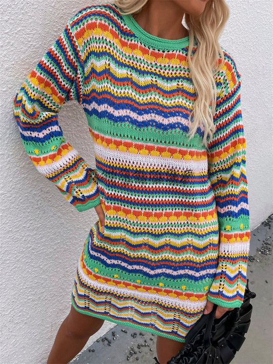 Rainbow Striped Pullover Knitted Midi Dress