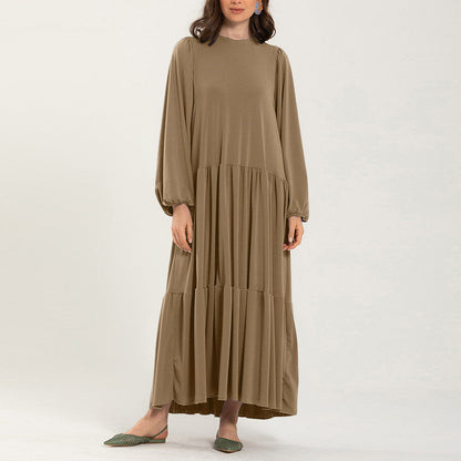 Round Neck Pleated Loose Midi Dress
