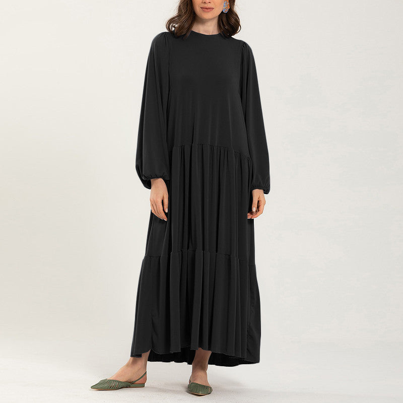 Round Neck Pleated Loose Midi Dress