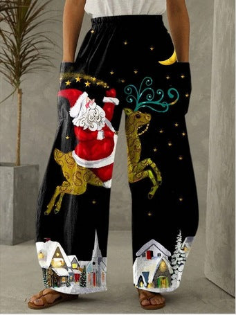 Santa Claus Elk Print Black Casual Loose Pants