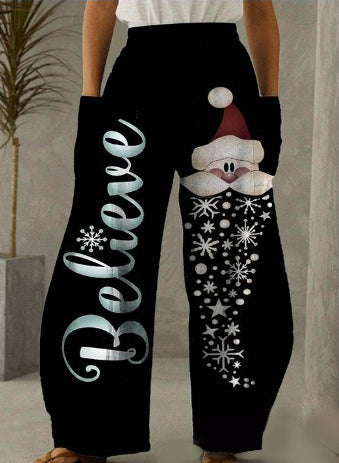 Santa Claus Letter Print Black Casual Loose Pants