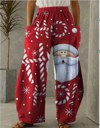 Santa Claus Letter Print Red Casual Loose Pants