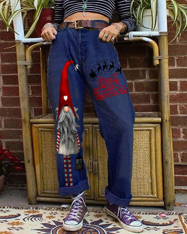 Santa Claus Printed Denim Wide Leg Pants Denim Pants